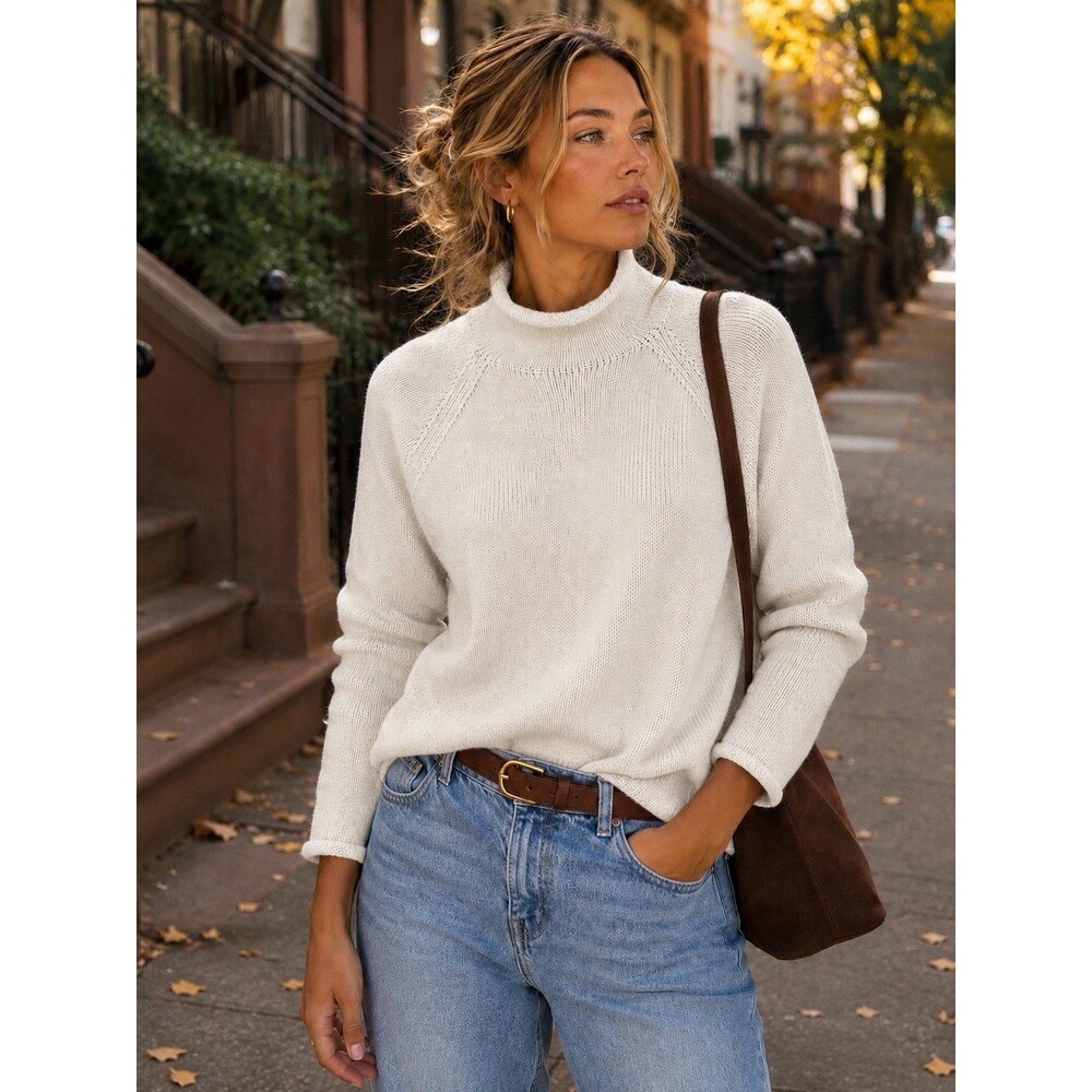 J Crew 1988 Rollneck Sweater Womens XS Cream Cotton Minimalist Coastal BW186